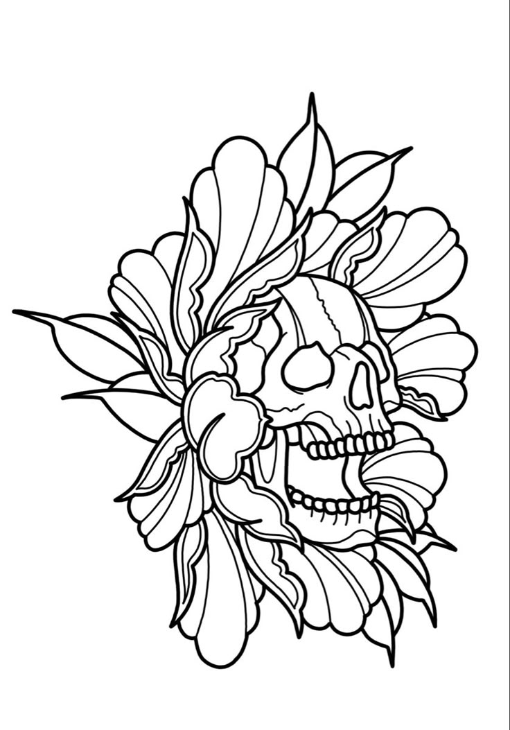 a skull with flowers on it's head is shown in black and white ink