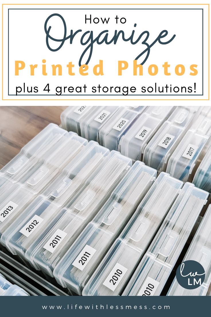 stacks of plastic storage containers with the title how to organize printed photos plus 4 great storage solution