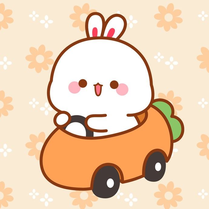 a cartoon bunny driving a car with flowers in the background