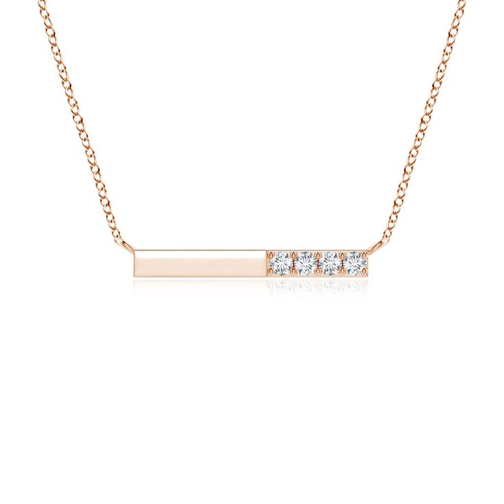 This bar necklace is crafted in 14k rose gold has a simple and minimal design. The high polish bar is horizontally suspended from the chain and adorned with prong-set brilliant round diamonds. Diamond Bar Necklace, Diamond Necklaces, Diamond Bar, Minimal Design, Bar Necklace, 18k Rose Gold, White Diamond, Diamond Pendant, Round Diamond