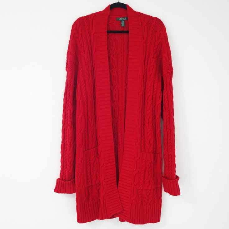 Lauren Ralph Lauren Women's Red Cable Knit Chunky Cardigan Sweater. * Tracking Included * Sourced From The Reuse Sector. Size - Extra Large - Top To Bottom: 38 Inches - Shoulder To Shoulder: 27 Inches - Shoulder To Sleeve: 23 Inches - Pit To Pit: 23 Inches Suggestions - Cozy - Spring, Fall & Winter Item Condition Please Understand That Since These Items Are Vintage And/Or Recycled, They May In Fact Show A Little Sign Of Wear, Aging, Or Slight Discoloration. If We List Something As New Old Stock Chunky Cardigan Sweater, Chunky Sweater Cardigan, Chunky Cardigan, Ralph Lauren Sweater, Ralph Lauren Womens, Lauren Ralph Lauren, Cardigan Sweater, Lady In Red, Cable Knit