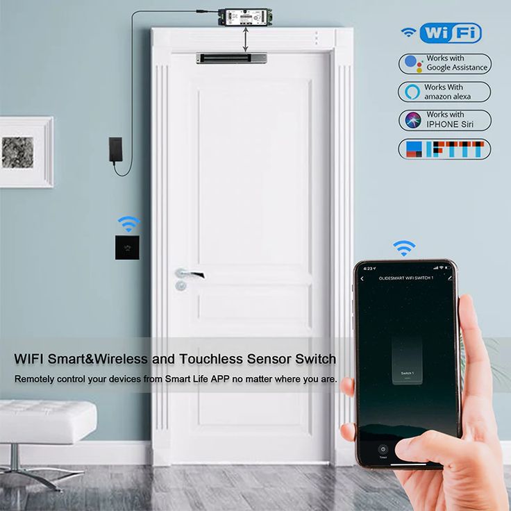 a person holding up a smart phone in front of a door with wifi connected to it