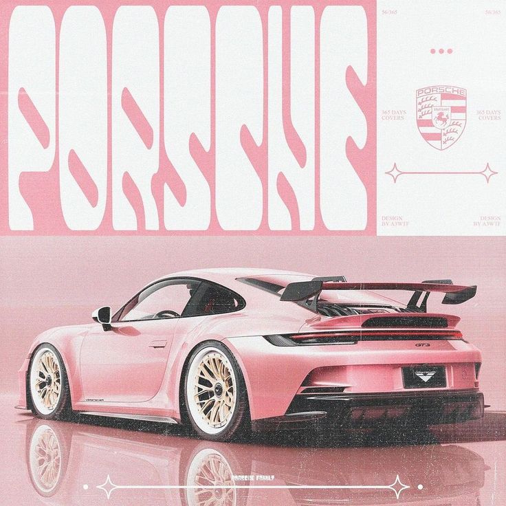 a pink sports car is shown in front of a white background with the words porsche on it