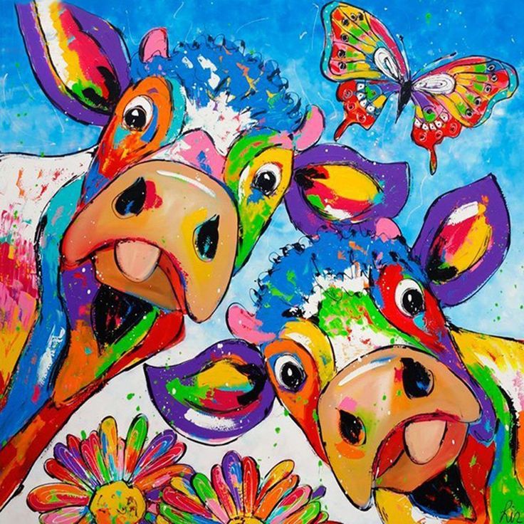 three colorful cows standing next to each other in front of a butterfly and flower painting