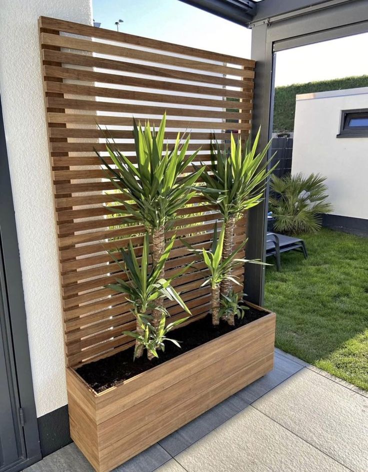 two plants are in a wooden planter on the side of a building with grass