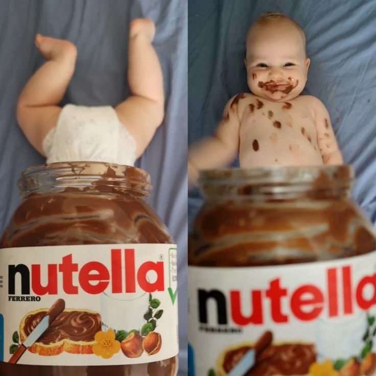 two pictures of a baby with chocolate spread on it's face and in the background is a jar of nutella