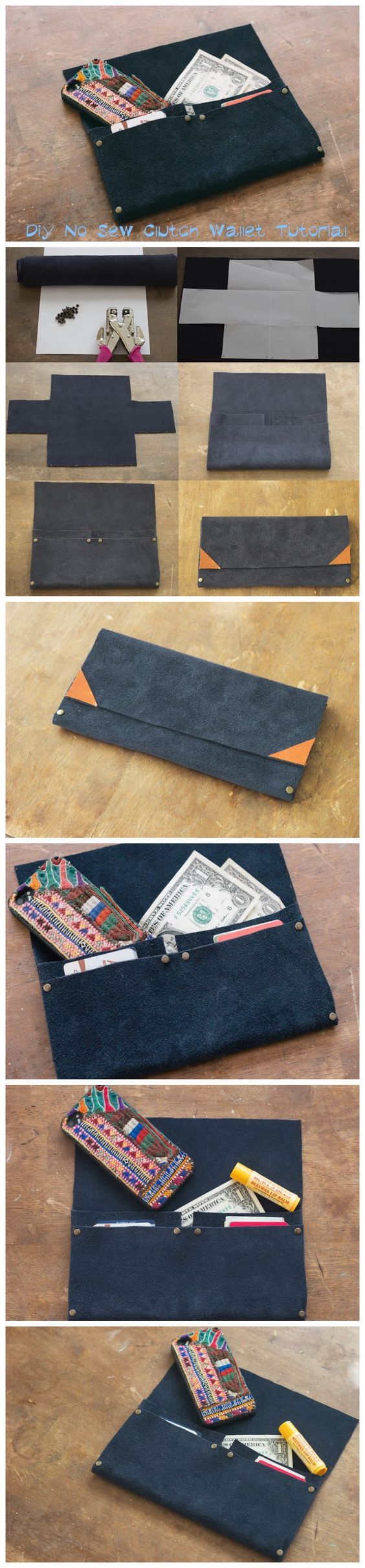 four photos showing how to make an envelope with the zipper open and money in it