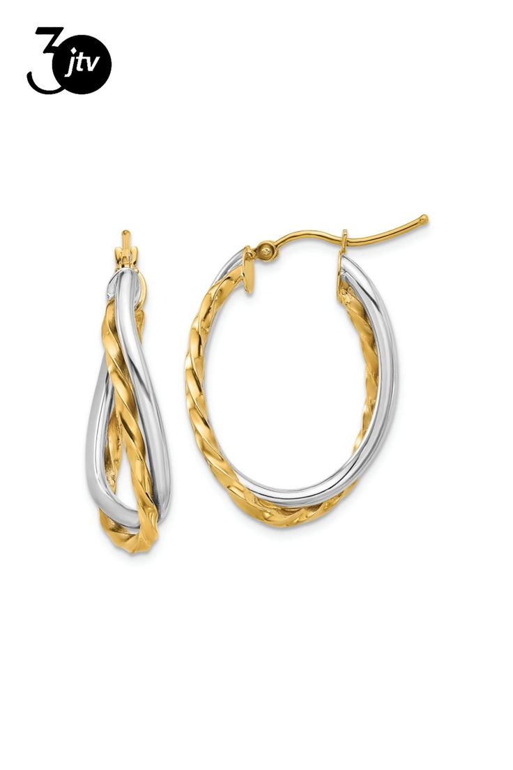 14k two-tone textured and polished twist oval hoop earrings. Measure approximately 3/4"L x 1/4"W and have wire and clutch closure. Oval Hoop Earrings, Cubic Zirconia Bracelet, Moissanite Necklace, Yellow Gemstones, Cubic Zirconia Earrings, Fine Jewelry Bracelets, Zirconia Earrings, Fashion Jewelry Earrings, Diamond Bracelets