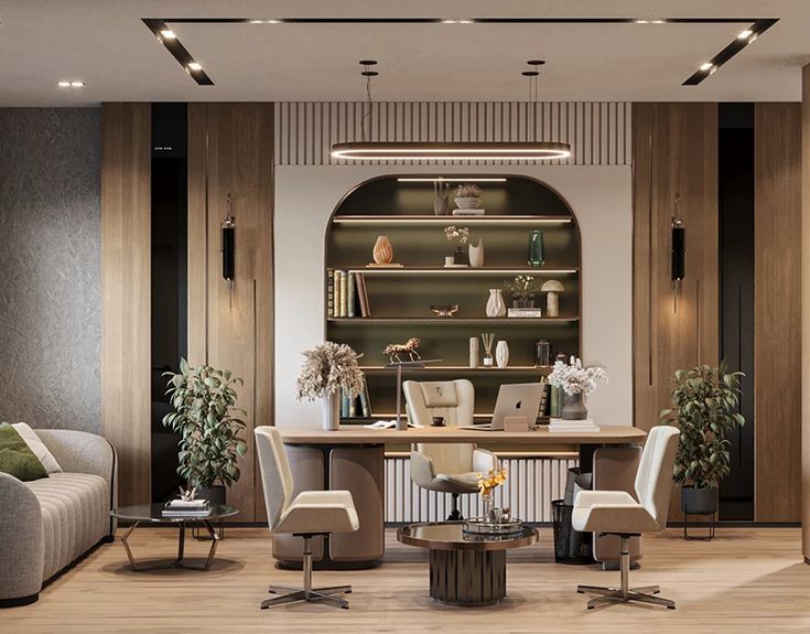 a living room filled with furniture next to a wooden floor covered in bookshelves