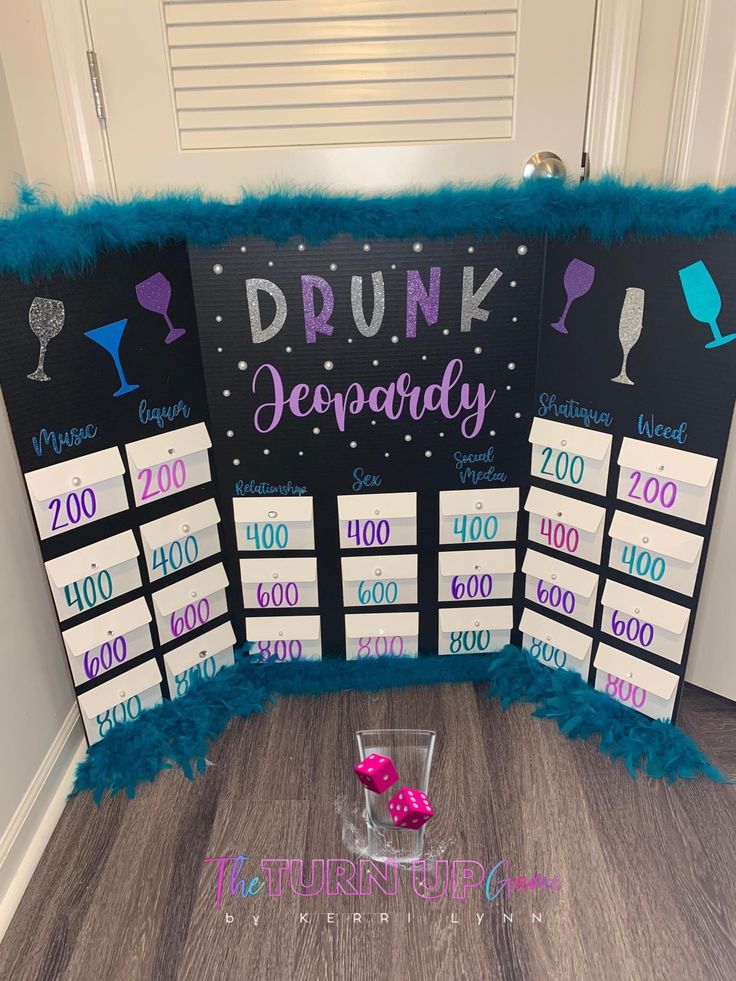 a table with drinks and signs on it that say drunk, deparrayy