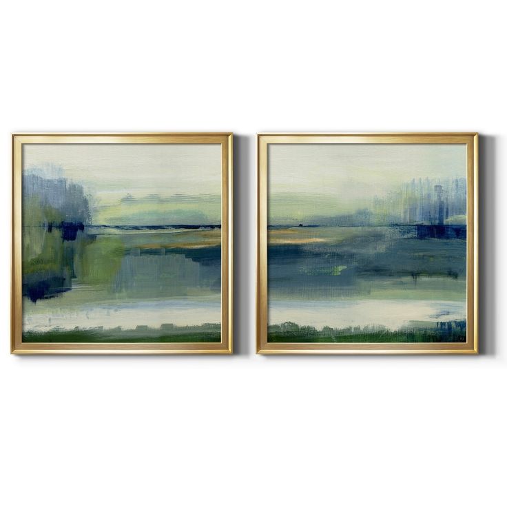 two framed paintings with blue and green colors