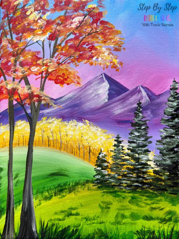 an acrylic painting of trees and mountains in the fall with leaves on them