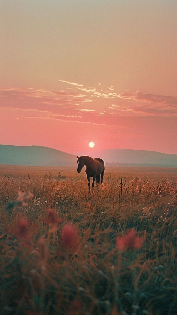 a horse is standing in the middle of a field at sunset, with mountains in the background