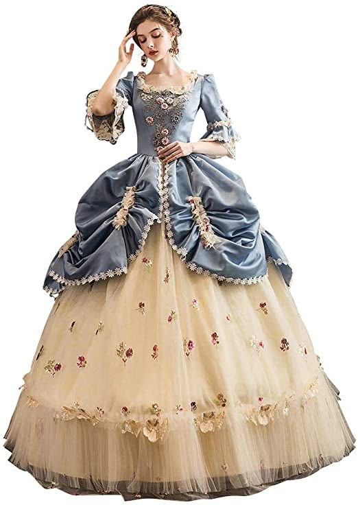 (Josiana bodice, skirt, and decor garden party gown insp.) Victorian Baroque Dresses For Theater, Vintage Baroque Style Dress For Fancy Dress, Blue Vintage Baroque Dress, Blue Baroque Vintage Dress, Vintage Blue Baroque Dress, Historical Rococo Dress With Baroque Design, Rococo Style Ball Gown For Theater, Rococo Ball Gown For Theater, Vintage Baroque Gown For Costume Party