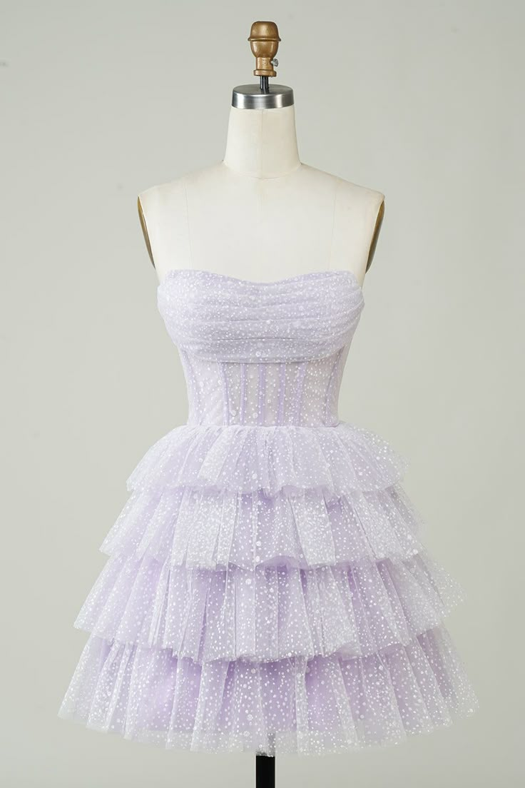 Hoco Dresses With Corset, Fairytale Dresses Short, Dama White Dresses, Pastel Purple Hoco Dress, Snow Ball Dresses Short, Trendy Winter Formal Dresses, Small Prom Dresses Short, Sparkly Puffy Dress, Hoco Dresses Fairytale