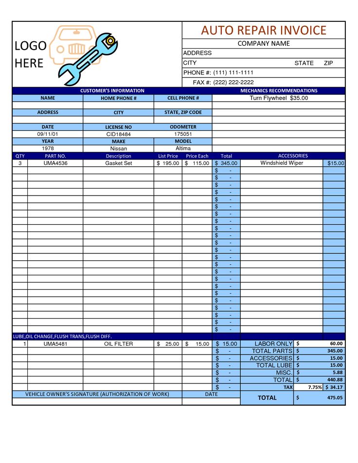 an auto repair invoice form with tools on the top and bottom half of it