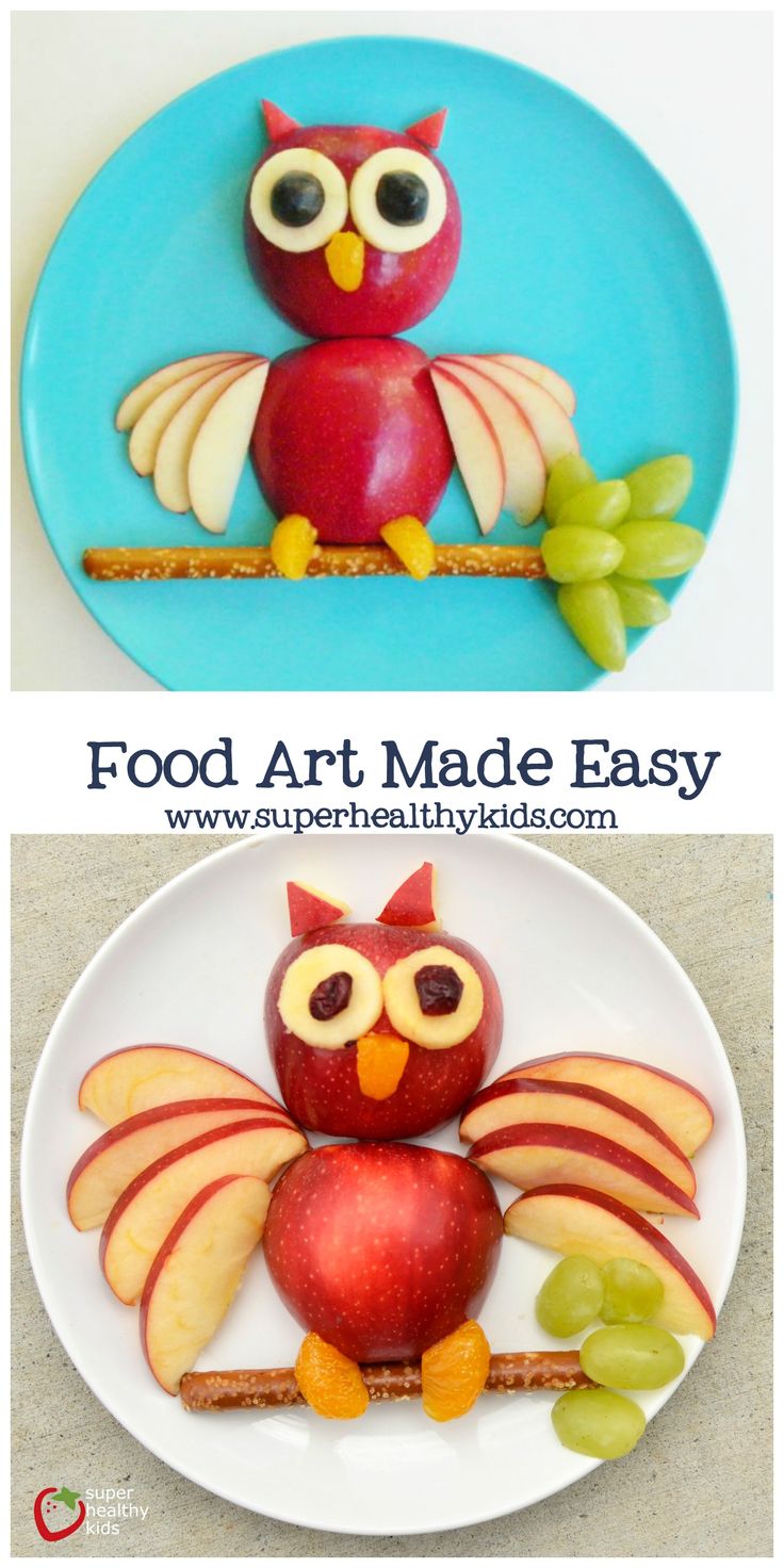 two plates with apples, grapes and an owl on them that are made to look like food