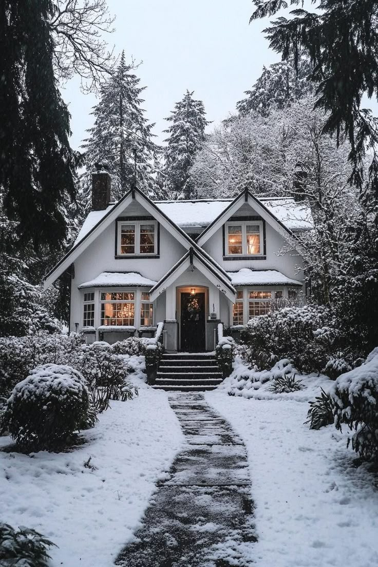 White Cottage House, Architect Ideas, Pitch Roof, Winter House Exterior, Cottage Houses, Snow House, Brick Chimney, Snowed In, Suburban House