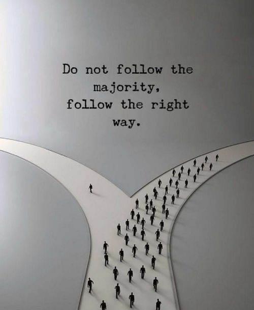 a group of people walking across a bridge that says do not follow the majority, follow the right way