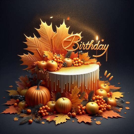 a birthday cake decorated with autumn leaves and pumpkins is shown in this artistic photo