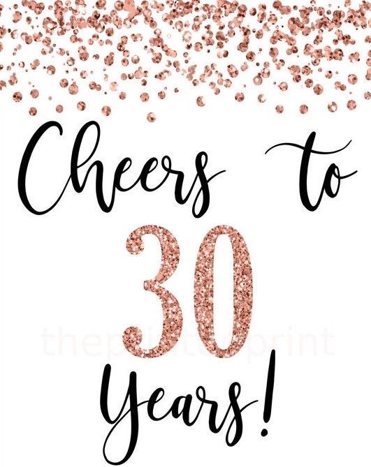 the words cheers to 30 years are shown in pink and gold confetti sprinkles