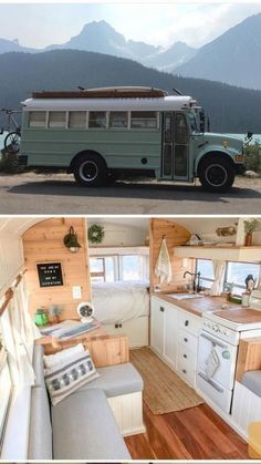 the interior and exterior of a tiny home with mountains in the background, and an rv parked next to it