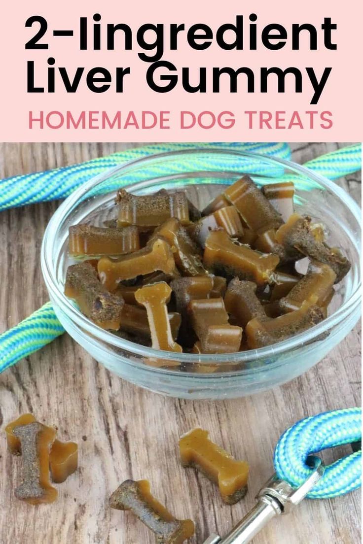 two ingredient liver gummy homemade dog treats in a glass bowl on a wooden table