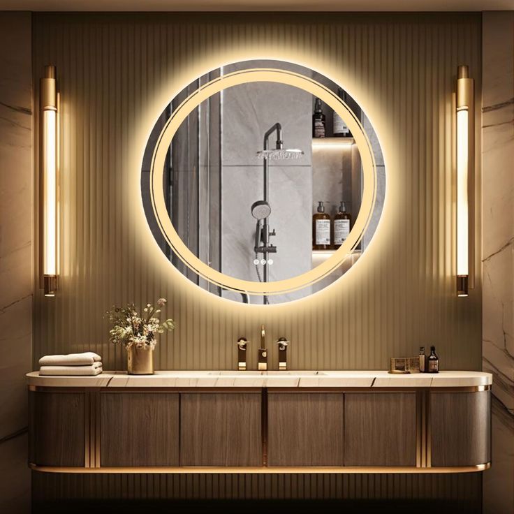 a bathroom with a round mirror above the sink and lights on the wall behind it