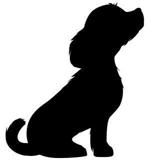 a black silhouette of a dog sitting and looking up