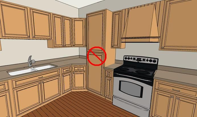 a drawing of a kitchen with no sign in the center and wooden cabinets on both sides