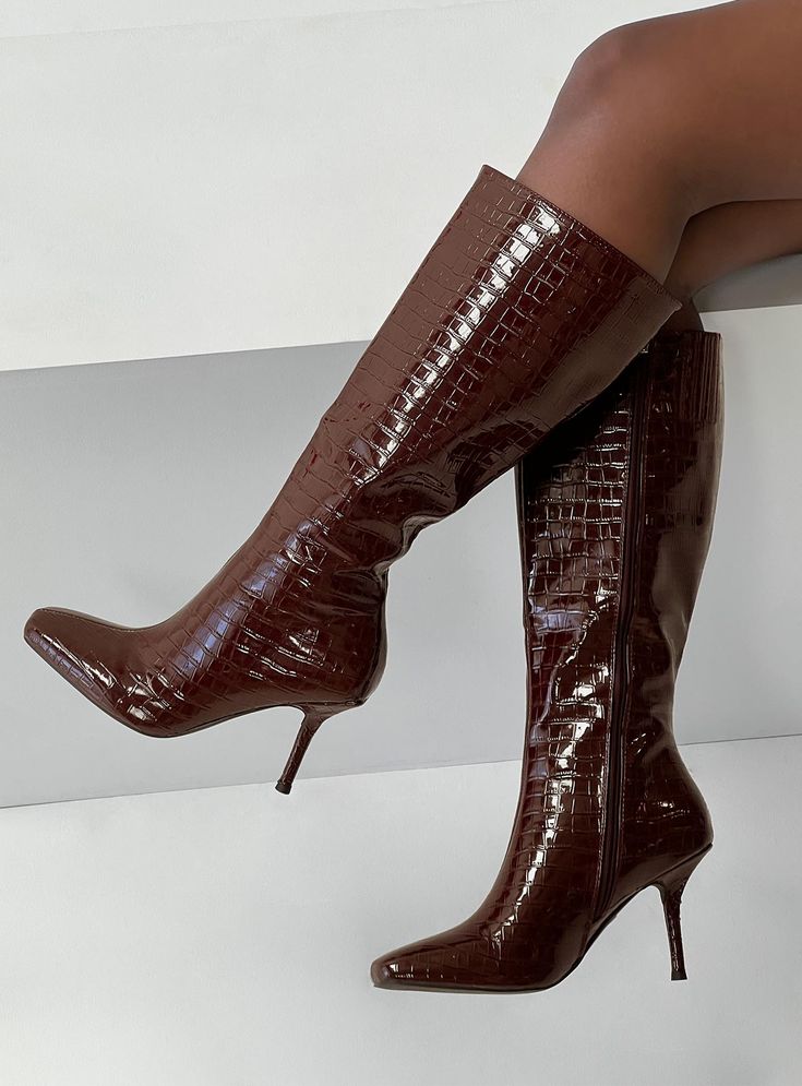 Knee-high boots Faux croc leather material, zip fastening at inside, square toe, stiletto heel Burgundy Boots Outfit, Crocs Boots, Burgundy Boots, Burgundy Shoes, Prom Dresses Long Mermaid, Lace Up Wedges, Croc Leather, Casual Sport Shoes, Boots Fall