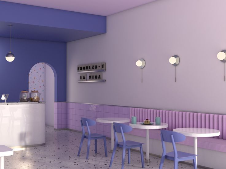 the interior of a restaurant with purple and white walls, blue chairs and tables in front of an ice cream shop counter