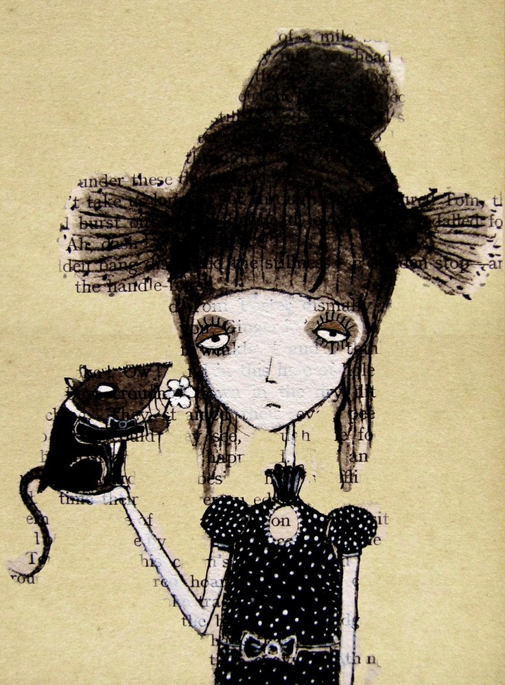 a drawing of a girl with a cat on her shoulder