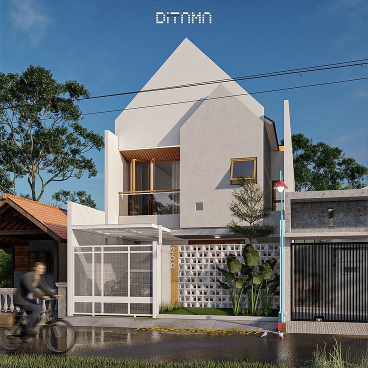 an artist's rendering of a house with a bicycle parked in the front yard