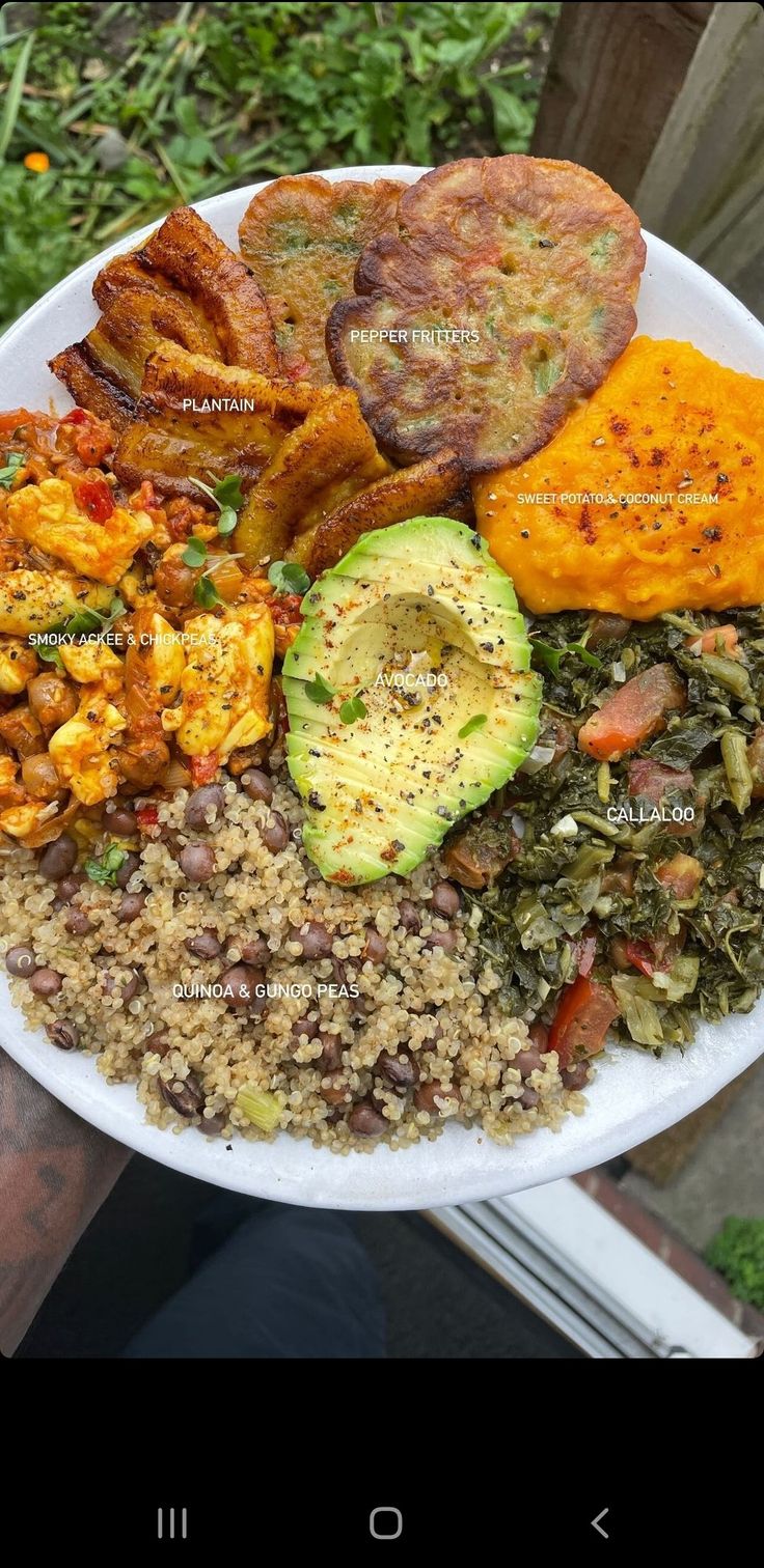 a white plate topped with different types of food