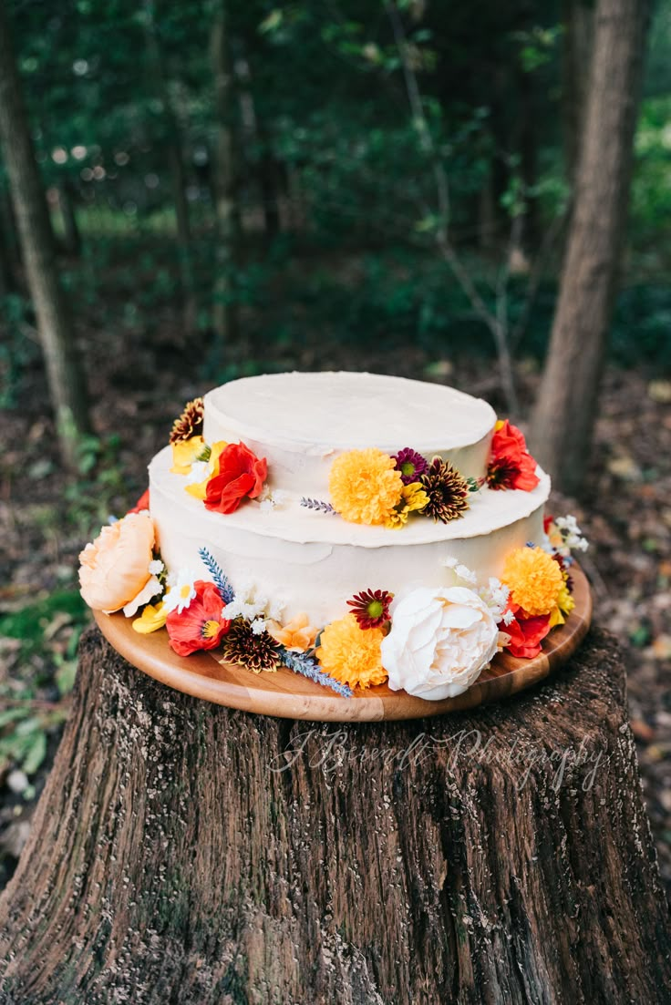 a wedding cake sitting on top of a tree stump in the woods with flowers around it