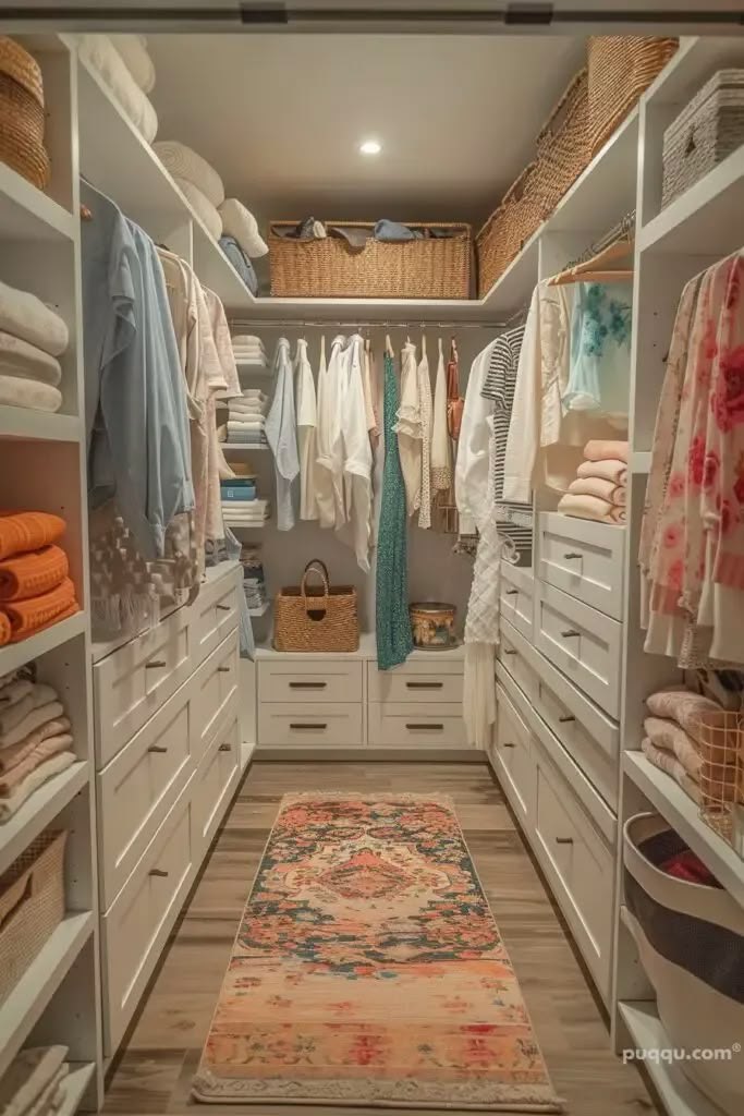 an organized walk in closet with lots of clothes and rugs on the floor next to it