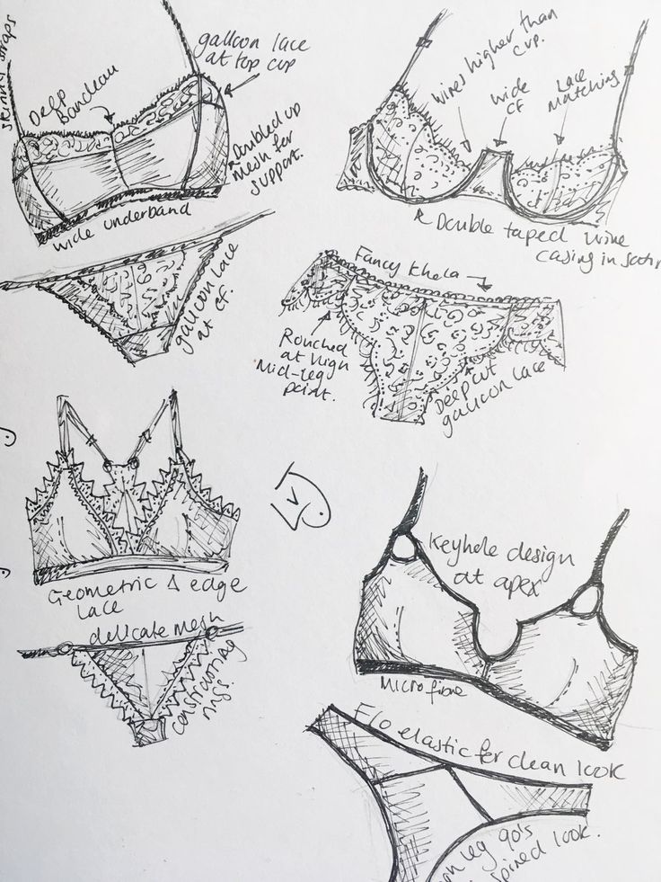 sketches of bras and panties drawn by someone's hand on a notebook page