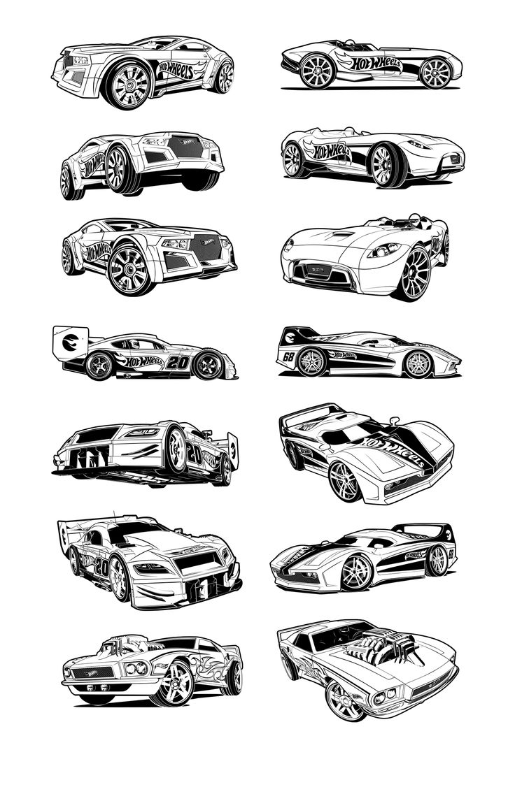 a bunch of cars that are drawn in black and white