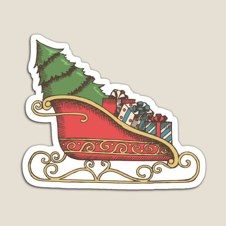 a christmas sleigh with presents on it and a tree in the back sticker