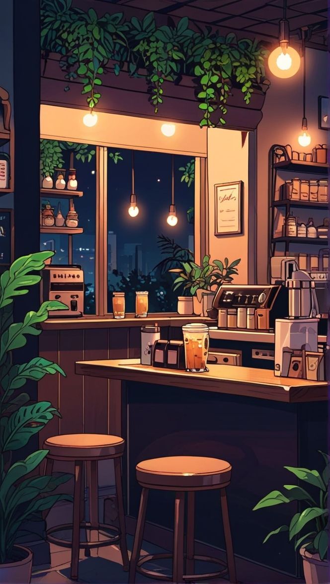 the interior of a coffee shop with plants hanging from the ceiling and two stools