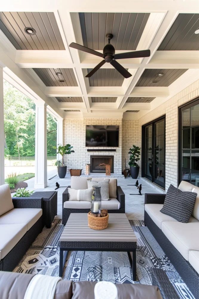 an outdoor living area with couches, tables and a ceiling fan on the porch