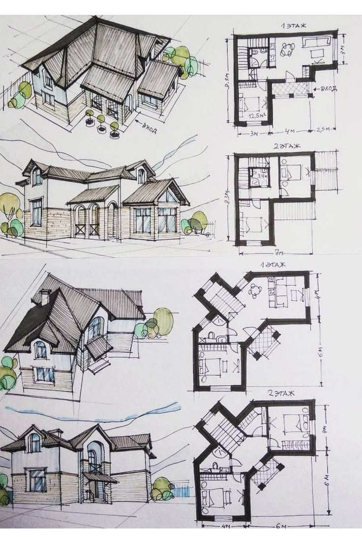 three drawings of different types of houses and their architectural designs are shown in this image