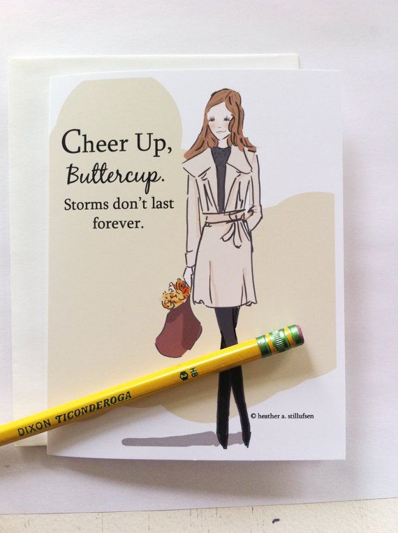 a yellow pencil sitting next to a card with a drawing of a woman in a trench coat