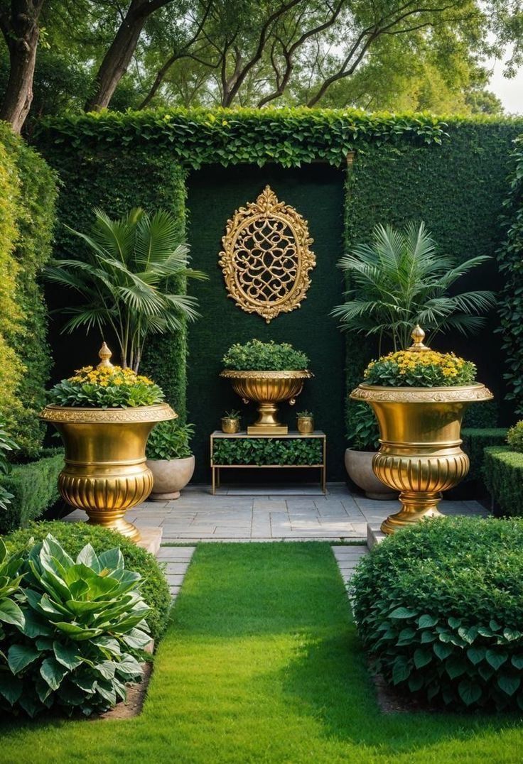 a garden with lots of green plants and gold vases in the middle of it