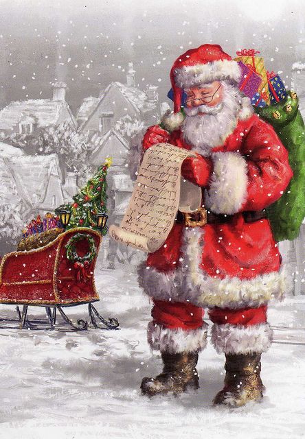 a christmas card with santa holding a paper