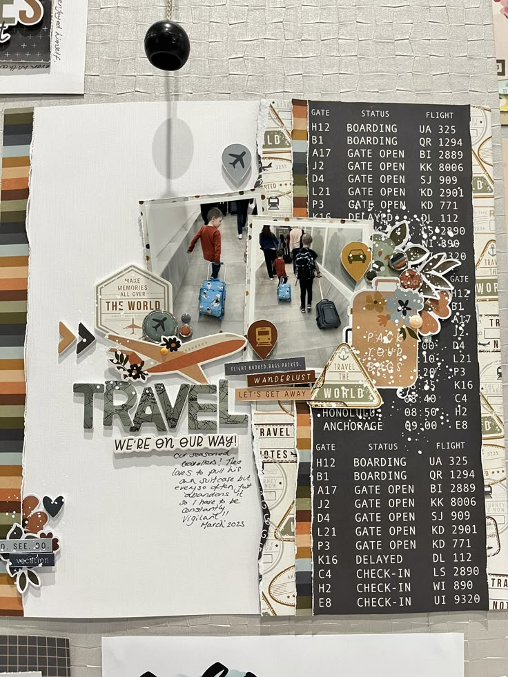 a scrapbook page with travel related items