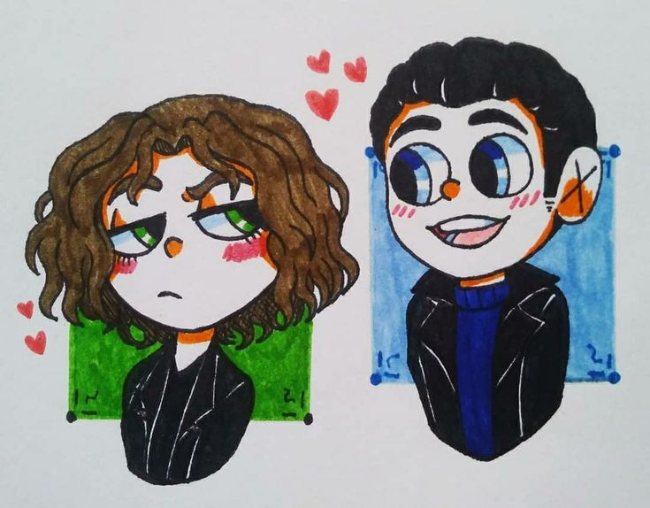 a drawing of two people, one with green eyes and the other with brown hair