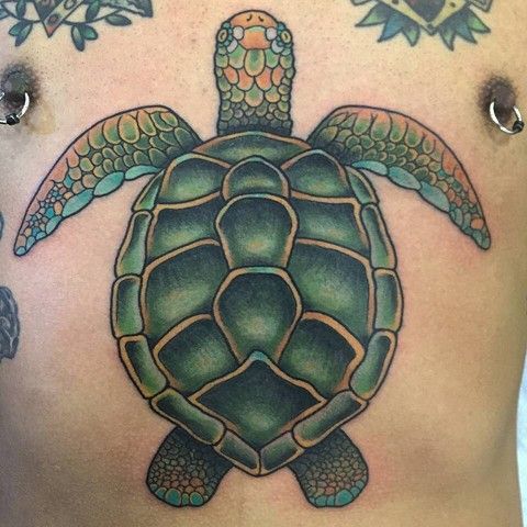 a woman's stomach with a turtle tattoo on it