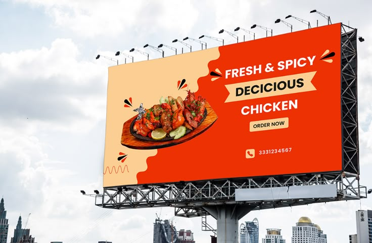 an outdoor billboard advertising fresh and spicy delicious chicken